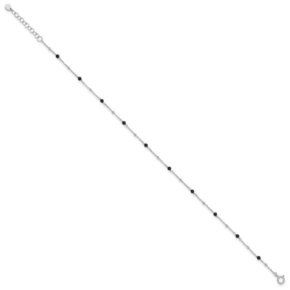 Sterling Silver Rhodium-plated Onyx Bead 9.25 inch Plus 1 inch Extender - Total 10.25inch Anklet