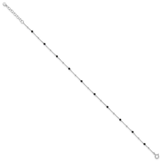 Sterling Silver Rhodium-plated Onyx Bead 9.25 inch Plus 1 inch Extender - Total 10.25inch Anklet