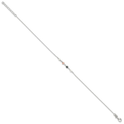 Sterling Silver Pink/Black/White Glass Pearl 8.75 inch Plus 1 inch  Extender - Total 9.75 inch Anklet
