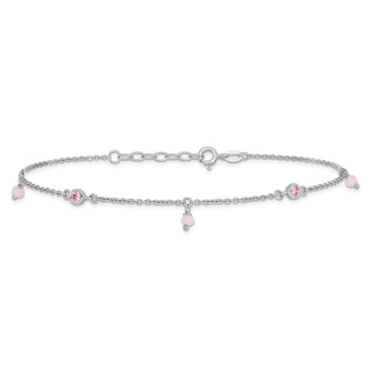 Sterling Silver Rhodium-plated Pink CZ/Glass Beads 9 inch Plus 1 inch Extender - Total 10 inch Anklet