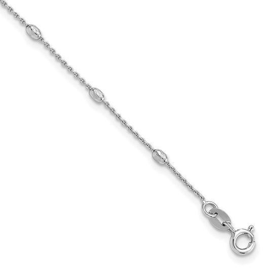 Sterling Silver Rhodium-plated Oval Bead 9 inch Plus 1 inch Extender - Total 10 inch Anklet