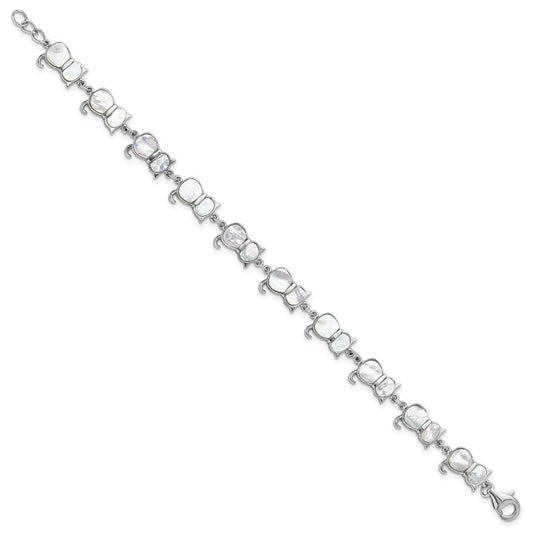 Sterling Silver Rhodium-plated Mother of Pearl Cat Link Bracelet