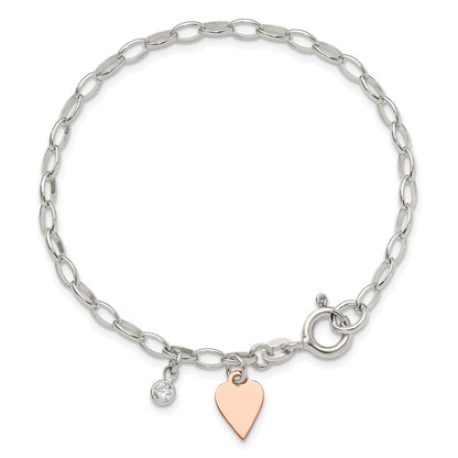 Sterling Silver Rose Gold-plated Polished w/Heart and CZ Link Bracelet
