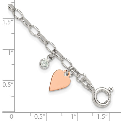 Sterling Silver Rose Gold-plated Polished w/Heart and CZ Link Bracelet