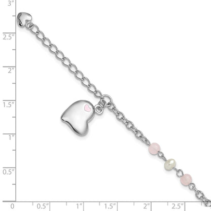 SS Rh-plated Crystal FWC Pearl Enamel Dangle Heart w/1 in. ext Bracelet