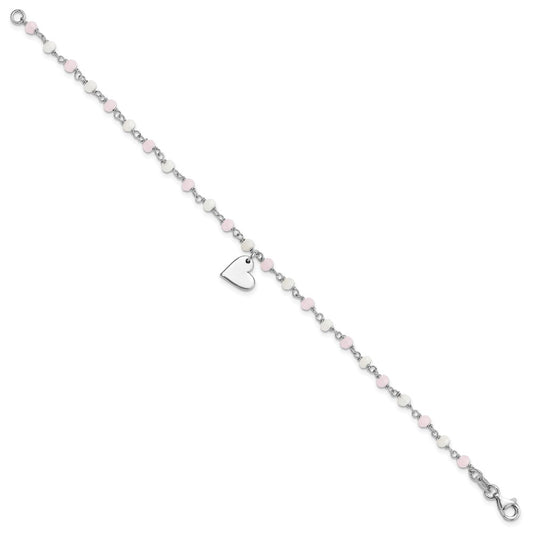 Sterling Silver Rhodium-plated Heart Dangle Charm with Pink and White Glass Beads 7.5 inch Bracelet