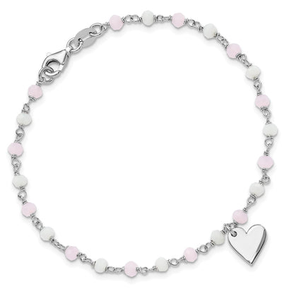Sterling Silver Rhod-plated Heart Pink/White Glass Beads 7.5in Bracelet