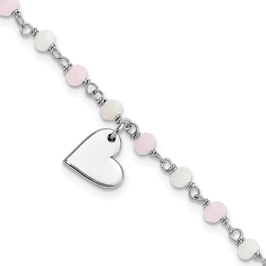 Sterling Silver Rhodium-plated Heart Dangle Charm with Pink and White Glass Beads 7.5 inch Bracelet