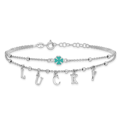 Sterling Silver Rhod-pltd Enamel Clover LUCKY 7.25in w/1in ext Bracelet