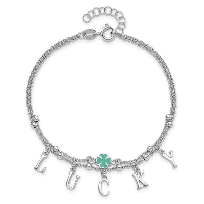 Sterling Silver Rhod-pltd Enamel Clover LUCKY 7.25in w/1in ext Bracelet
