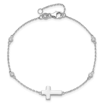 Sterling Silver Rhodium-plated CZ Sideways Cross 8in w/1in ext. Bracelet