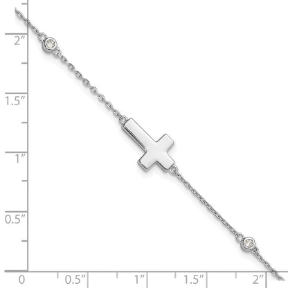 Sterling Silver Rhodium-plated CZ Sideways Cross 8in w/1in ext. Bracelet