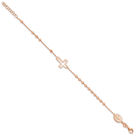 Sterling Silver Rose-tone Rosary Cross 7in w/1in Ext. Bracelet
