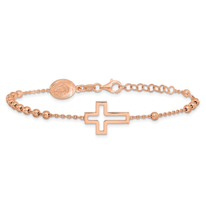 Sterling Silver Rose-tone Rosary Cross 7in w/1in Ext. Bracelet