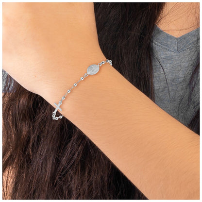 Sterling Silver Rh-plated 6.5in w/1in ext Rosary Bracelet