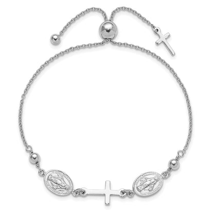 Sterling Silver Rhod-plated Cross with Medals Adjustable Bracelet