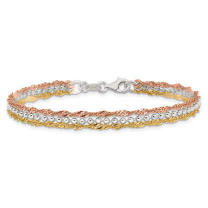 Sterling Silver Gold-tone and Rose Tone 3 Strand 7.5in Bracelet
