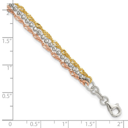 Sterling Silver Gold-tone and Rose Tone 3 Strand 7.5in Bracelet