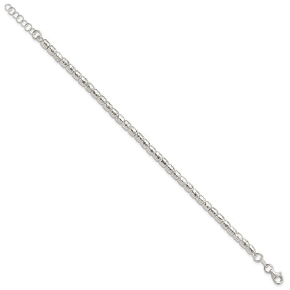 Sterling Silver RH-plated Polish/Hammered Beaded w/1 in ext. Bracelet
