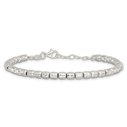 Sterling Silver RH-plated Polish/Hammered Beaded w/1 in ext. Bracelet