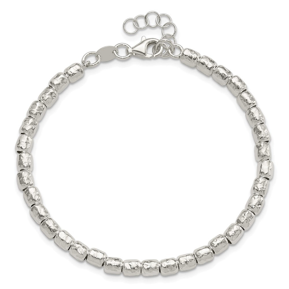 Sterling Silver RH-plated Polish/Hammered Beaded w/1 in ext. Bracelet