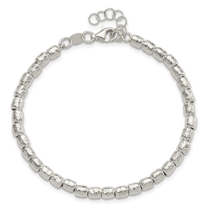 Sterling Silver RH-plated Polish/Hammered Beaded w/1 in ext. Bracelet
