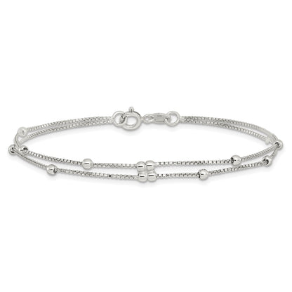 Sterling Silver Rhodium-plated Polished Beaded 2 Strand 7.5in Bracelet