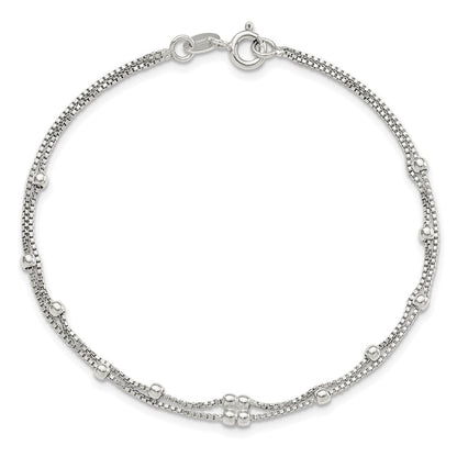 Sterling Silver Rhodium-plated Polished Beaded 2 Strand 7.5in Bracelet