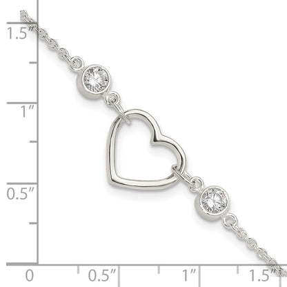 Sterling Silver Rhodium-plated Polished CZ Heart with 1in ext Bracelet