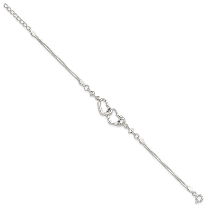 Sterling Silver Rhodium-plated Polished CZ I Heart You w/1in ext Bracelet