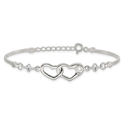 Sterling Silver Rhodium-plated Polished CZ I Heart You w/1in ext Bracelet