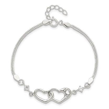 Sterling Silver Rhodium-plated Polished CZ I Heart You w/1in ext Bracelet