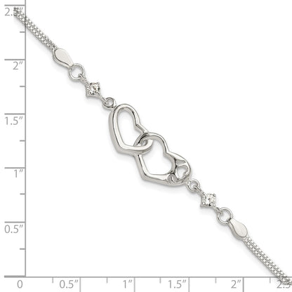 Sterling Silver Rhodium-plated Polished CZ I Heart You w/1in ext Bracelet