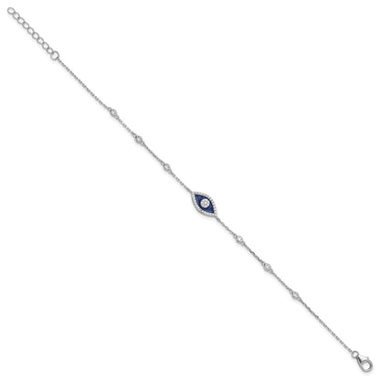 Sterling Silver RH-plated CZ Enamel Evil Eye 7in w/1in ext. Bracelet