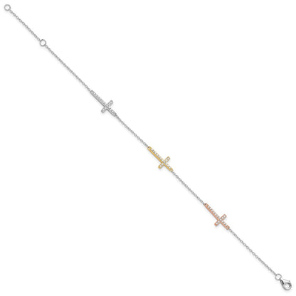 Sterling Silver Rhod-plated Gold/Rose-tone CZ Cross w/1in ext. Bracelet