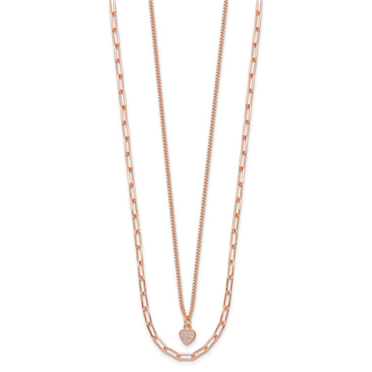 Sterling Silver Rose Gold-plated CZ Heart Pendant and Paperclip Link 2-Strand 17 inch with 2 inch Extension Necklace
