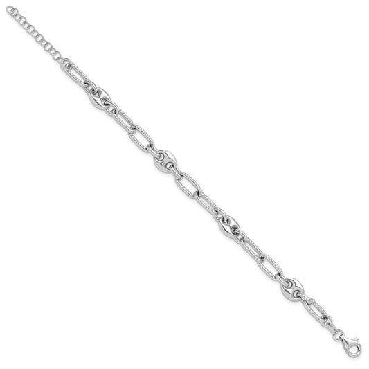 Sterling Silver Rhodium-plated Fancy Puffed Mariner / Anchor and Twisted Paperclip Link 7 inch with 1 inch Extension Bracelet