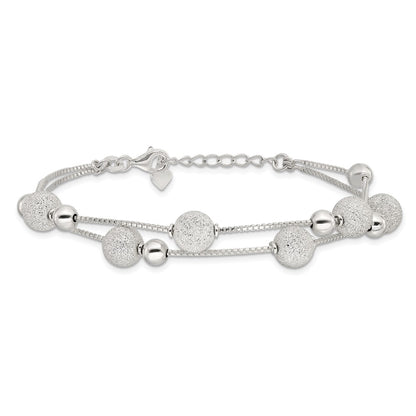 Sterling Silver Polish & Laser Beaded 2 Strand 7in w/1in ext Bracelet