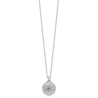 Sterling Silver Rh-plated Created Blue Spinel and CZ Evil Eye 18in Necklace