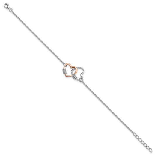 Sterling Silver Rhodium-plated Rose-tone CZ Double Hearts 7 inch with 1 inch Extension Bracelet