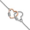 Sterling Silver Rh-plated Rose-tone Double Heart 7in w/1in ext Bracelet