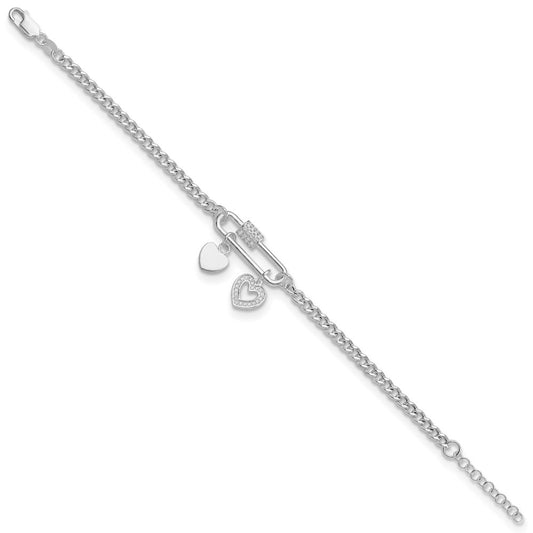 Sterling Silver Rhodium-plated Polished and CZ Moveable Heart Charms 7 inch with 1 inch Extension Bracelet
