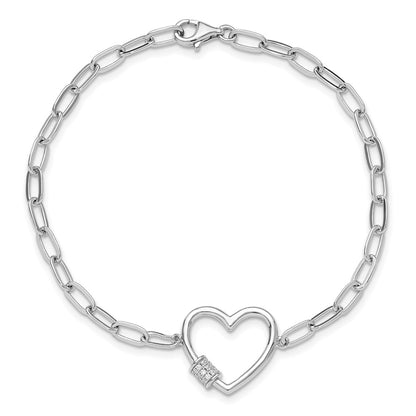 Sterling Silver Rhodium-plated with CZ Heart Paperclip Link 7.5in Bracelet