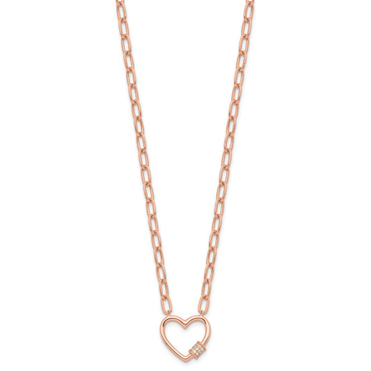 Sterling Silver Rose-tone CZ Heart Paperclip Link 15.5 inch with 2 inch Extension Necklace