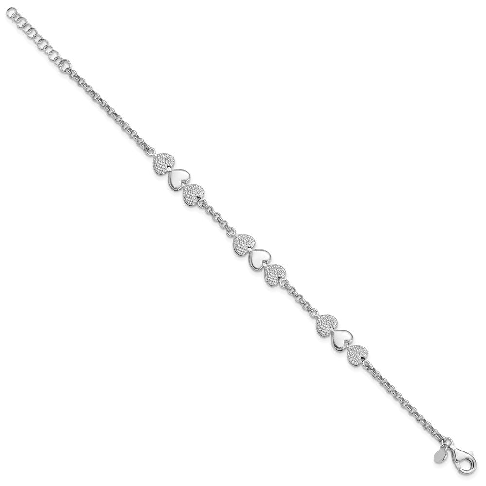 Sterling Silver Rhodium-plated Textured Hearts 7in w/1in ext. Bracelet