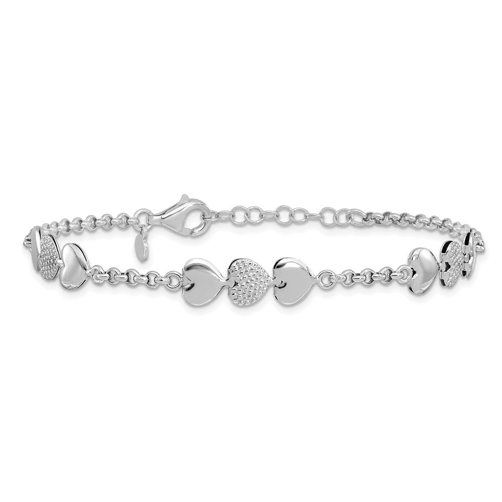 Sterling Silver Rhodium-plated Textured Hearts 7in w/1in ext. Bracelet