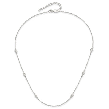 Sterling Silver Polished CZ 6 Station with 2in ext Necklace
