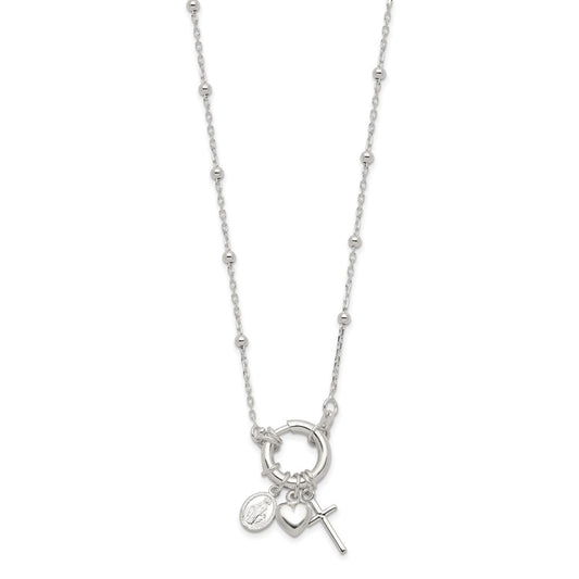 Sterling Silver Heart/Miraculous Medal/Cross Charm 18in Necklace