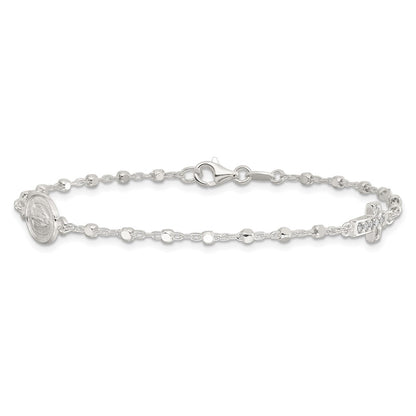 Sterling Silver Polished with CZ Cross and Miraculous Medal 7.5in Bracelet