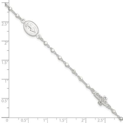 Sterling Silver Polished with CZ Cross and Miraculous Medal 7.5in Bracelet